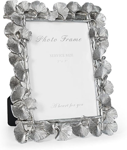Cuspin Silver 5x7 Picture Frame, Vintage Silver Ornate Leaf Textured Hand-Crafted Resin Frames with Glass Front, Antique Photo Frame for Tabletop Display, Retro Design Home Decor