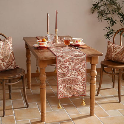 ISAENNE Designer Elegant Red Linen Table Runner 102 Inches Long,Vintage Paisley Pattern Durable Table Runners for Dining Tables,Thanksgiving,Kitchen Tables,Christmas,12"*102"-Chauffrey A