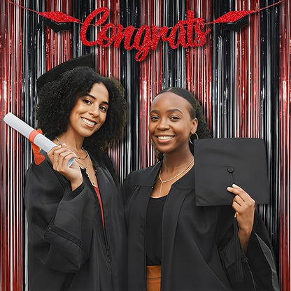 BRAVESHINE Tinsel Photo Backdrop Curtains - 2 Pack 3.2x8.2ft Black Red Foil Fringe Streamer Curtain for Halloweens, Lantern, Pumpkin, Home, Indoor or Outdoor Party Supplies Decorations