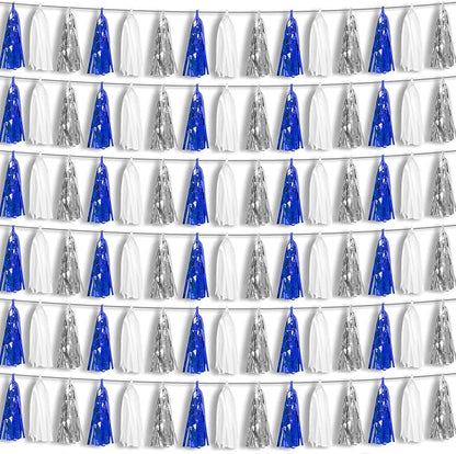 6P Navy-Blue White-Silver Tassel Garland Banner, Tassels Banner Streamers for Parade Floats, Bachelorette, Wedding, Birthday, Graduation, Christmas, Bridal/Baby Shower Party Decorations