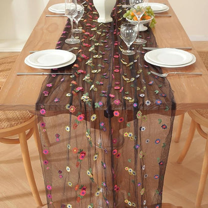 Black Embroidery Daisy Fall Table Runner 120Inch 10FT Florals Soft Sheer Tulle Fabric Table Runner for Home Decor, Brithday, Wedding, Baby Shower ,Holiday ,Parties, DIY Craft,3PC