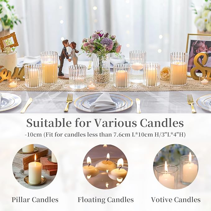 Hewory 24PCS Small Glass Hurricane Candle Holders Bulk - Short Clear Cylinder Vases for Centerpieces, Low Ribbed Vase for Wedding Reception Anniversary Baby Shower Events Party Home Table Decor
