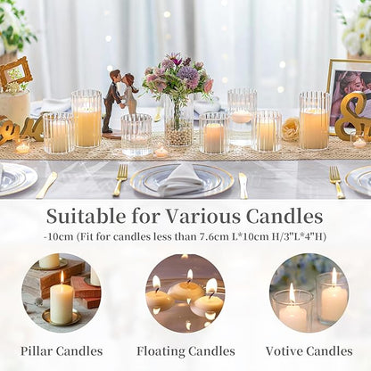 Hewory 24PCS Small Glass Hurricane Candle Holders Bulk - Short Clear Cylinder Vases for Centerpieces, Low Ribbed Vase for Wedding Reception Anniversary Baby Shower Events Party Home Table Decor
