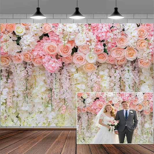 7x5ft Pink Rose Flower Wedding Photography Backdrop Spring Floral Photography Backdrop Valentine's Day Mother's Day Girl Birthday Baby Shower Wedding Bridal Party Banner Photo Booth Props Background
