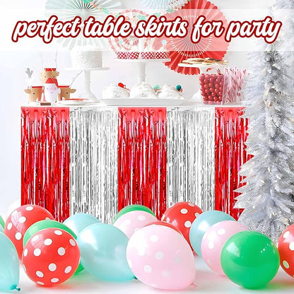 3 Pack Red and Silver Foil Fringe Table Skirts Metallic Tinsel Streamers Garland Banner Backdrop for Table Decor, Parade Float, Birthday, Wedding, Halloween, Christmas Party Decorations(29x108 In)