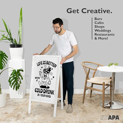 Ilyapa Wooden A Frame Whiteboard Sign - Magnetic Dry Erase Sidewalk Menu Board - Sturdy Freestanding Sandwich Board Signs Outdoor Menu Display for Restaurant, Business, Trade Show - 40 x 20 Inch