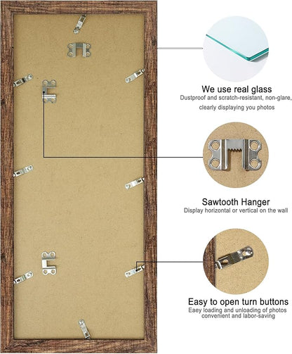 8x20 Picture Frame Set of 2, Rustic Brown Wood Frame with Tempered Glass Collage Frame, Display Pictures Four 4x6 With Mat or 8 x 20 Without Mat - Horizontal or Vertical Wall Mounting