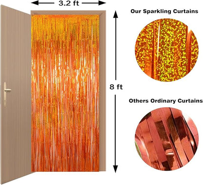 Reusable Foil fringe Curtains Halloween Decor Indoor Party Decorations - Melsan 3 Pack 3.2 x 8.2 ft Tinsel Curtain Party Photo Backdrop for Birthday Party Baby Shower or Graduation Decorations (Orange)