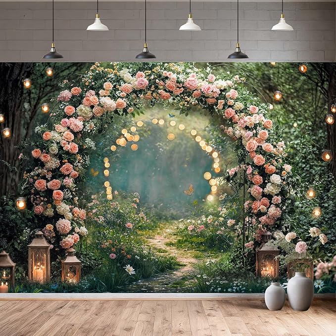 5x3ft Enchanted Forest Wedding Photography Backdrop Wonderland Roses Fairy Tale Backdrop Pink Flower Birthday Newborn Baby Shower Wedding Bridal Party Banner Photo Booth Props Anniversary Background