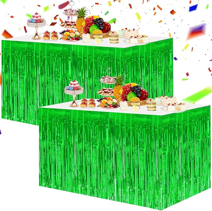 BEISHIDA 2 Pack Metallic Tinsel Foil Fringe Table Skirts for Rectangle & Round Tables Green Kids' Birthday, Holiday Party, Cartoon Party Decorations - Perfect for Birthday Baby Shower Festive Events