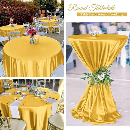 6 Pack 108 Inch Gold Satin Tablecloth - Premium Bright Silky Round Tablecloth Overlay Smooth Fabric Table Cover, Table Decoration for Wedding Party Banquet Events Restaurant Kitchen Dining