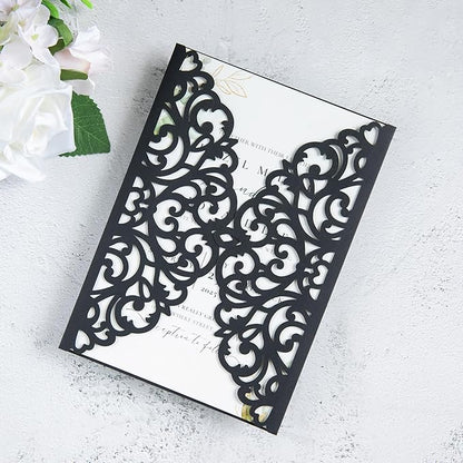 20Pcs Black Laser Cut Invitation Cards With Blank Inner Sheets for Wedding Cards Bridal Shower Engagement Quinceanera Invitation (No Envelopes)