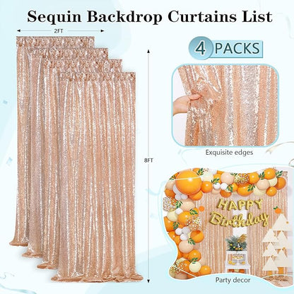 Rose Gold Sequin Backdrop Curtains Panels 4 Pieces 2FTx8FT Wedding Backdrop for Bridal Shower Brithday Party Decor