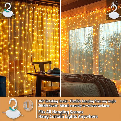 HXWEIYE 300LED Fairy Curtain Lights, 9.8x9.8Ft USB Plug-in 8 Modes Christmas String Hanging Lights with Remote for Bedroom Backdrop Wedding Party Indoor Wall Decor, Warm White
