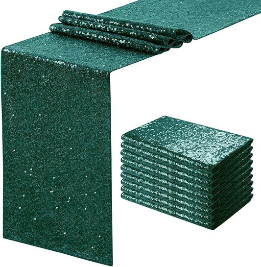 Sequin Table Runners 12 Pieces Emerald Green Table Runners 12x108 Inch Glitter Dining Table Cover for Party Wedding Birthday Reception Banquet Decoration Spring Party Chair Sashes
