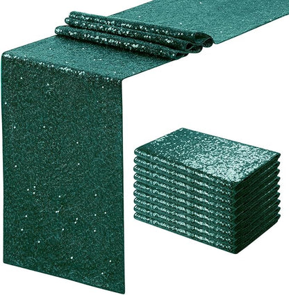 Sequin Table Runners 10 Pieces Emerald Green Table Runners 12x72 Inch Glitter Dining Table Cover for Party Wedding Birthday Reception Banquet Decoration Spring Party Chair Sashes