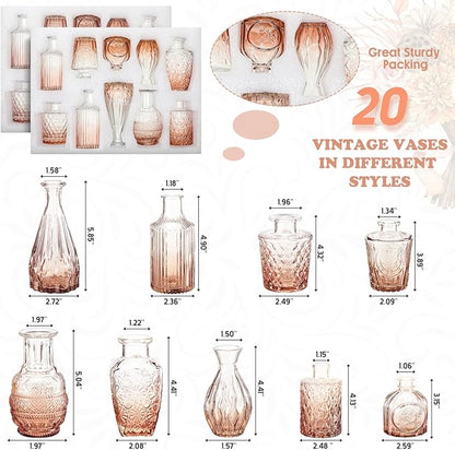 20 Pcs Glass Bud Vase Set Small Vintage Flower Vase in Bulk for Centerpieces Rustic Decorative Glass for Wedding Table Home Christmas Decoration (Pink Orange)