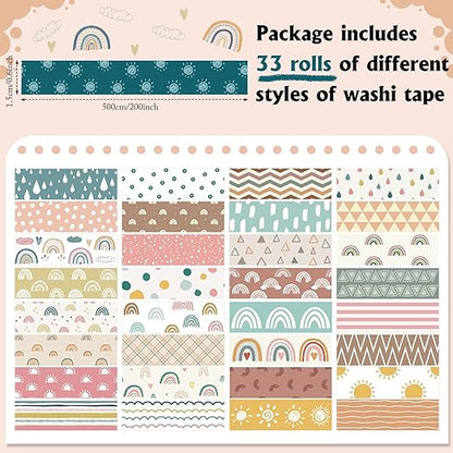 TaoBary 33 Rolls Holiday Plaid Washi Tape, 15 mm Seasonal Washi Tape Set Bohemian Colorful Vintage Cute for Card Wrapping Craft(Charming Style)