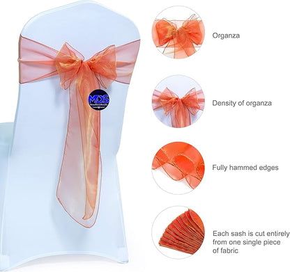 MDS Pack of 125 PCS Organza Chair Sashes Wider Dining Chair Bows Ribbon Tie Back for Wedding Party Birthday Bridal Shower Reception Event Banquet Home Chair Cover Decoration - Brunt Orange