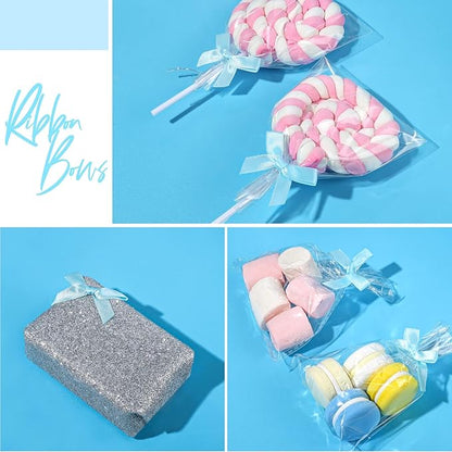 YGDZ 50 PCS Mini Blue Bows, Light Blue Satin Ribbon Bows, Small Bows for Crafts, Tiny Bow for Baby Shower, Party Decorations, Balloon, Gift Box Packaging
