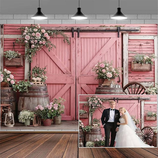 10x10ft Country Wedding Pink Photography Backdrop Rustic Wooden Door Photography Backdrop Farmhouse Flower Western Girl Birthday Baby Shower Wedding Bridal Party Banner Photo Booth Props Background