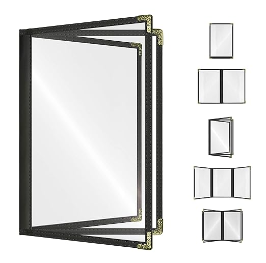 Goodsmart Restaurant Menu Covers – 25 Pack Black 6-View Booklet 8.5" x 14", Side-Loading Vinyl & Plastic Menu Holders, Clear Menu Sleeves, Leather-Style Café Covers with Gold Corners