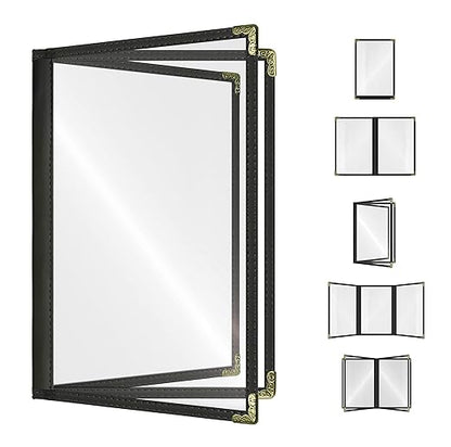 Goodsmart Restaurant Menu Covers – 25 Pack Black 6-View Booklet 5.5" x 8.5", Side-Loading Vinyl & Plastic Menu Holders, Clear Menu Sleeves, Leather-Style Café Covers with Gold Corners