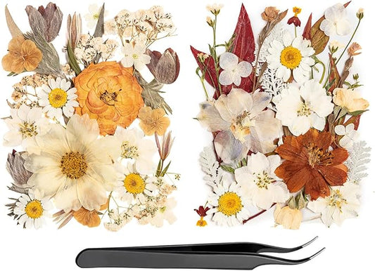 50pcs Boho Pressed Flowers Bulk, Vintage Dried Flower Leaves, Natural Fall Pressed Dried Flowers with Tweezer for DIY Crafts Resin Mold Candles Cake Bridal Scrapbooking Supplies