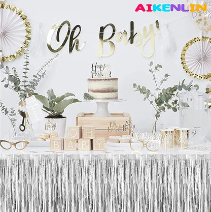 6 Pack 29x108 Inch Metallic Foil Fringe Tinsel Table Skirts Banner for Rectangle Tables Streamer Garland Curtains Backdrop for Wedding, Birthday, Parade Floats, Christmas Party Decoration(Silver)