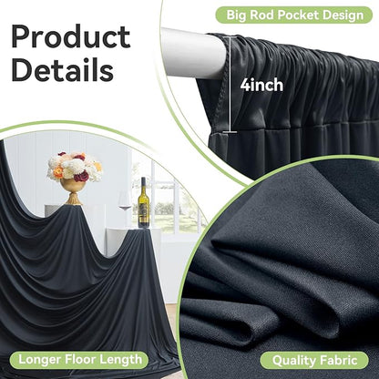 10ftx15ft Wrinkle Free Black Backdrop Curtain, 2 Panels 15FT Height Black Wedding Backdrop Drapes, Silky Polyester Back Drop Cloth for Birthday Photography Background Party Backdrop Draping