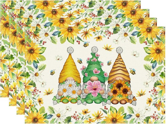 XCHI Daisies Flowers Gnomes Spring Placemats Set of 4 Table Mats Summer Seasonal Table Decorations 12x18 Inch