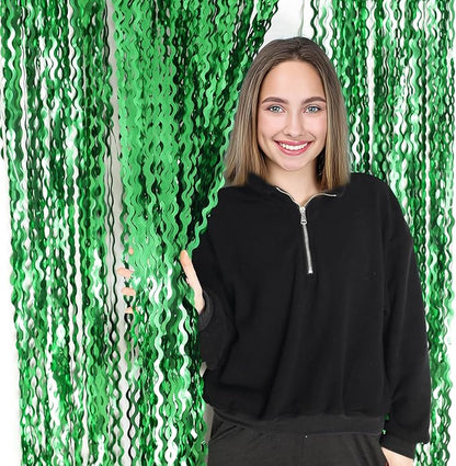 4Pcs Wavy Green Fringe Backdrop -3.3x6.6ft Green Streamer Foil Curtains for Jungle Party Decorations | St Patricks Day Decorations | Football Decorations | Xmas