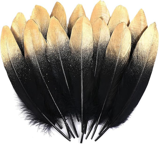 Larryhot Dipped Gold & Black Goose Feathers for Crafts - 6-8 inch 60 pcs Natural Feathers for Wedding Party Decorations,DIY Crafts and Clothing Accessories (Gold & Black)