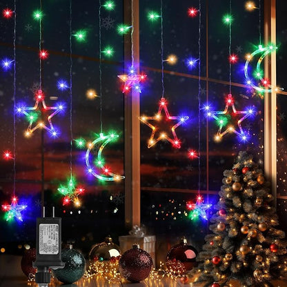 PUHONG Christmas String Lights, 138 LEDs Curtain Lights with 8 Light Modes, 11.48FT Star Moon Indoor Outdoor Fairy String for Window, Bedroom, Wall, Home, Ramadan, Christmas Decoration - Multicolored