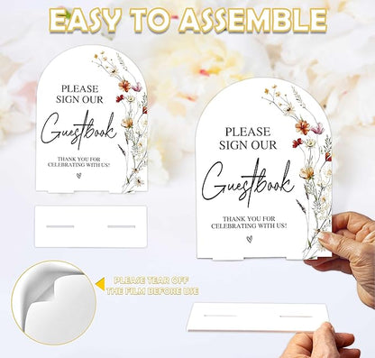 Boho Floral Please Sign Our Guestbook Sign, 6 x 8 Inch White Arch Acrylic Wedding Sign with Holder, Wedding Sign for Ceremony and Reception, Wedding Decoration, Wedding Supplies - BX02