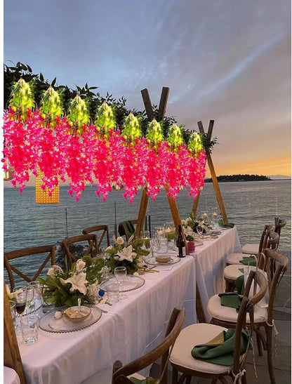 12 Pack Fuchsia Wisteria Hanging Flowers Garland with Lights, 3.44 Feet Artificial Flower Vines, Fake Wisteria, Artificial Vines Hanging Garland for Backdrop Outdoor Patio Garden Decor