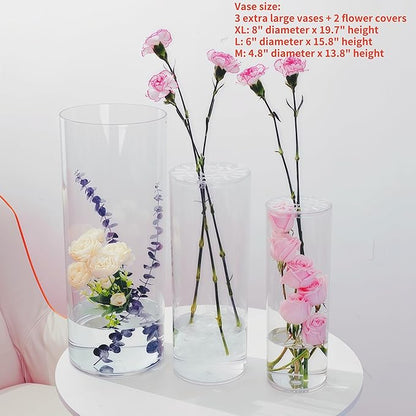 Extra Large Acrylic Cylinder Clear Vase for Floor, Tall Big Wide Mouth Plastic Unbreakable Hurricane Flower Vases of 3 for Home Decor (D 8" X H 19.7", D 6", D 4.8" + 2 Holder)