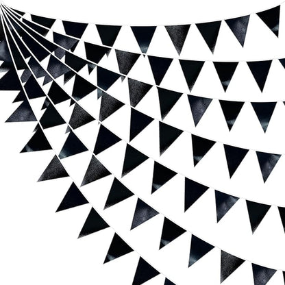 Black Party Decorations Triangle Pennant Banner Flag Black Metallic Fabric Bunting Garland for Graduation Birthday Wedding Engagement Bachelorette Holiday Halloween Celebration Hen Party Supplies