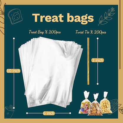 LOKIQNG Cellophane Bags Plastic Treat Bag Clear Cookie Candy Bags with Twist Ties for Party Favor Bag(200 Pack, 6x10inch)