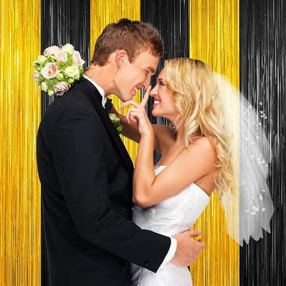 Black and Gold Party Streamers Decoration, 2Pack Graduation Tinsel Backdrop Party Decorations, Foil Fringe Backdrop for 2025 NYE/Anniversary/Farewell/Cocktail/Prom/EID/Birthdays Xmas Wedding Decors