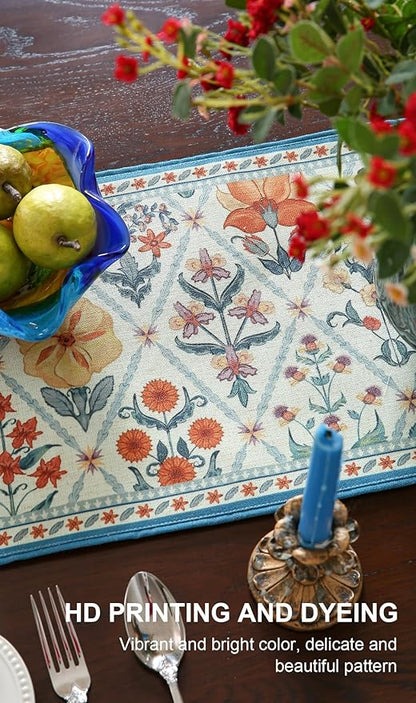 ISAENNE Designer Bohemian Elegant Linen Extra Long Table Runner 118 Inches,Colorful Flower Pattern Table Runners for Dining Tables,Thanksgiving,Kitchen Tables,Christmas,12"*118"-Floralsea A