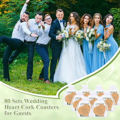 Uiifan 80 Set Wedding Favors for Guest Coaster Gifts Bulk Heart Shaped Coasters Thank You Cards Organza Bags Guest Souvenirs for Wedding Party Bridal Favors