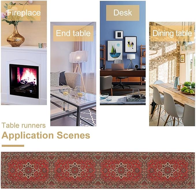 Vintage Boho Floral Table Runner, Rustic Country Farmhouse Red Black Retro Flower Pattern for Home Kitchen Table Decor Dining Coffee Room Party Decor 13x72in