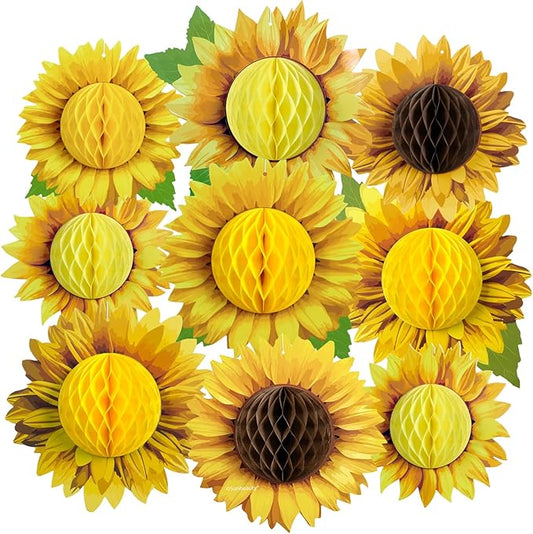 SUNBEAUTY 9 PCS 10 Inches Sunflower Decorations for Party 3D Large Honeycomb Hanging Paper Decorations Birthday Yellow Ceiling Wall Tissue Flowers Summer Fall Sunflower Farm Paper Flowers Decorations