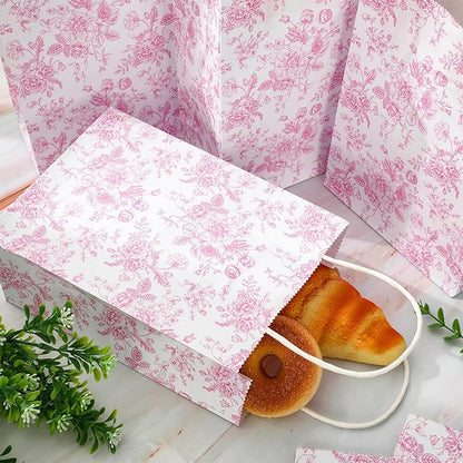 JarThenaAMCS 52Pcs Pink Floral Paper Gift Bag Vintage Wildflower Treat Bags with Handles Chinoiserie Candy Goodie Bags for Spring Summer Birthday Wedding Bridal Shower Party Favors Supplies