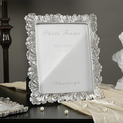 Cuspin 8x10 Picture Frame Silver, Vintage Silver Palm Leaves Textured Hand-Crafted Resin with Glass Front, Elegant Retro Design Photo Frame for Wall and Tabletop Display Home Decor