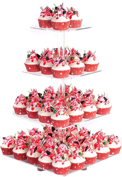 YestBuy 4 Tier Acrylic Cupcake Stand with Base, Cake Stand, Premium Cupcake Holder, Acrylic Cupcake Tower Display Cady Bar Party Décor – Display for Pastry (6" Between 2 Layers)…