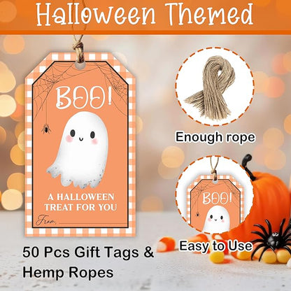 50 Pcs Halloween Tags with String, 2.1"×3.5" Boo Paper Gifts Tags, Ghost Trick or Treat for Candy, Halloween Gifts Tag Wrap for Party Favor - B08