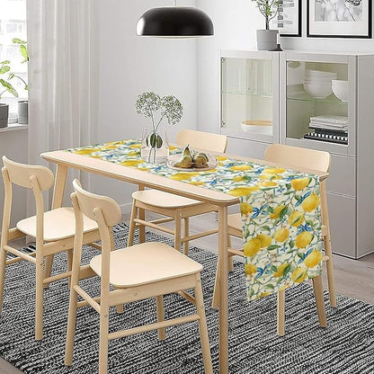 Lemon Table Runner,Watercolor Fruit Green Leaves Spring Summer Table Cloth Kitchen Dining Table Home Party Decoration 13x108 Inch