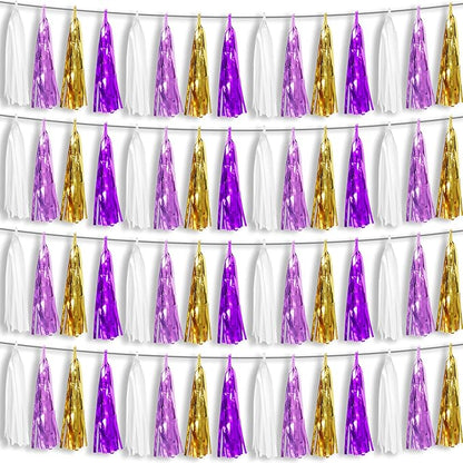 4P Purple-Gold Foil Fringe Metallic Tassel Garland, Tassels Banner Streamers for Parade Floats, Bachelorette, Wedding, Birthday, Halloween, Christmas, Bridal/Baby Shower Party Decorations